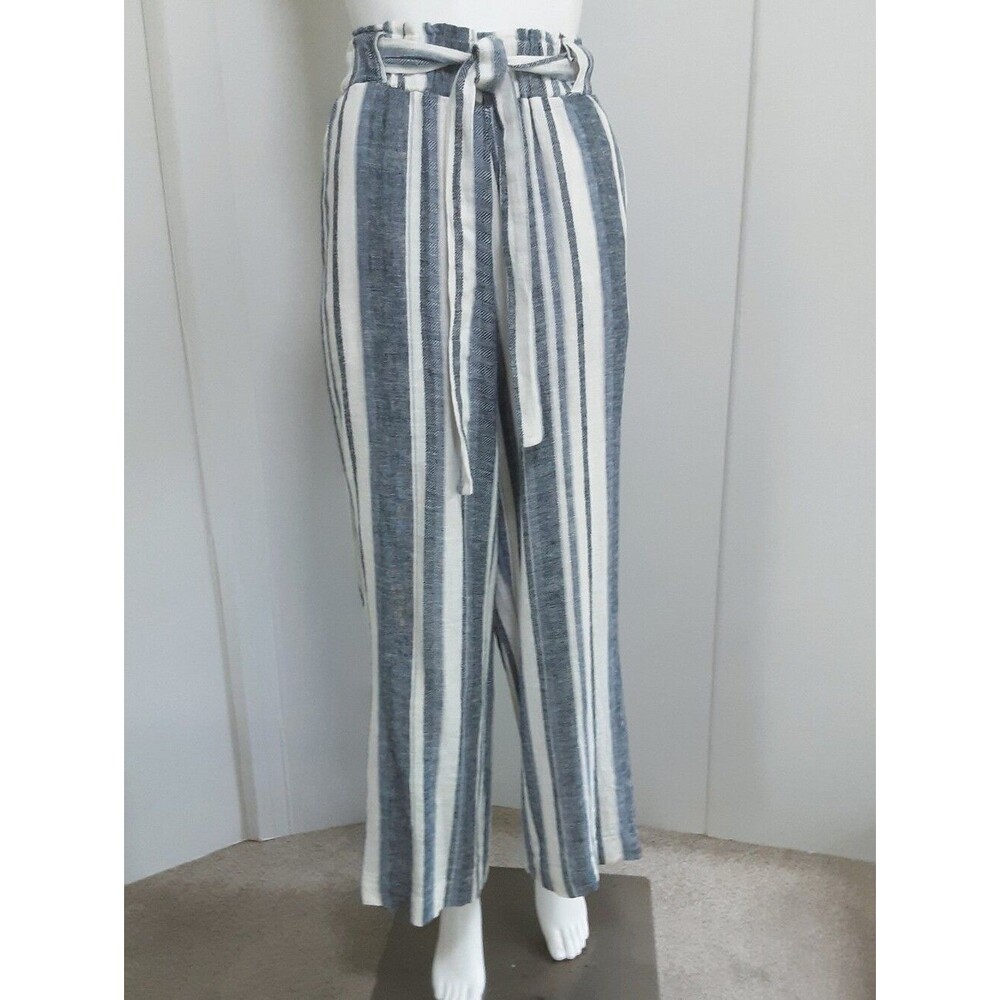 INDIGO REIN Blue White Striped Linen Blend Wide-Leg Waist-Tie Pant Sz L